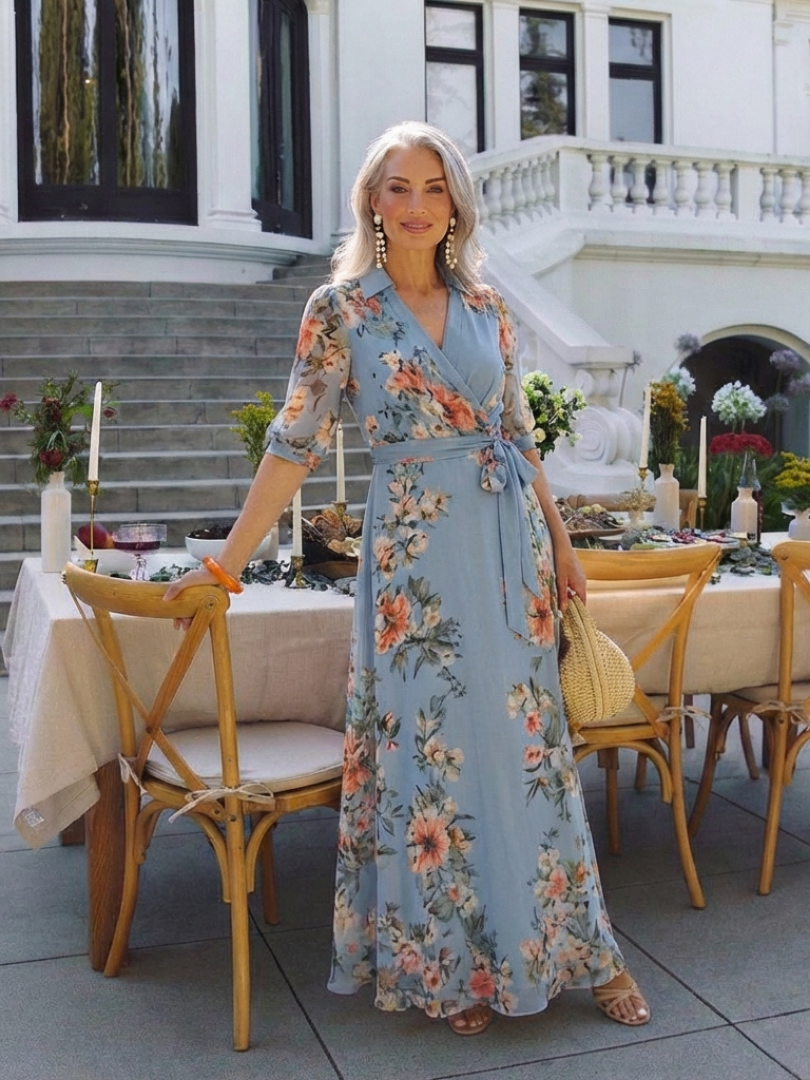 Robe Longue Femme avec Imprimé Floral et Col en V Lucyle