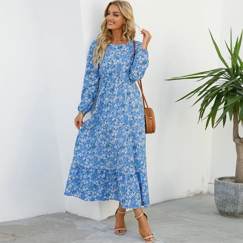 Robe Longue Femme avec Manches Longues et Design Bohème Lucyle
