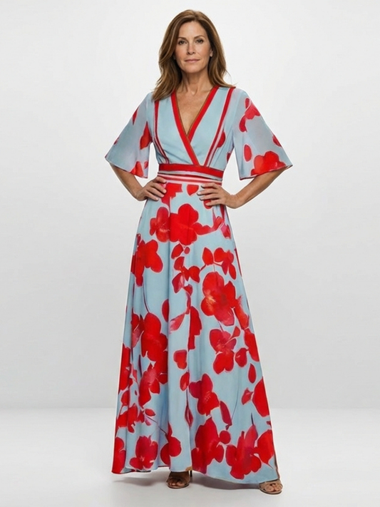 Robe Longue Femme avec Motif Floral et Col en V Lucyle