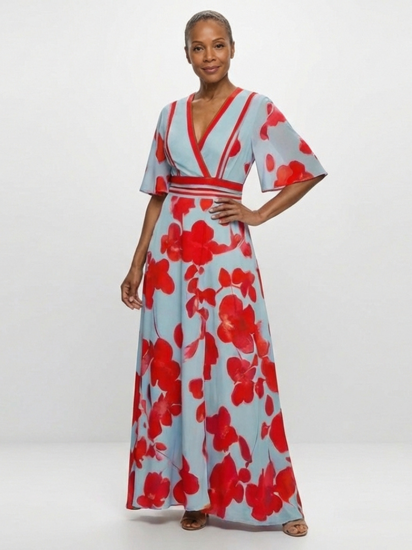 Robe Longue Femme avec Motif Floral et Col en V Lucyle