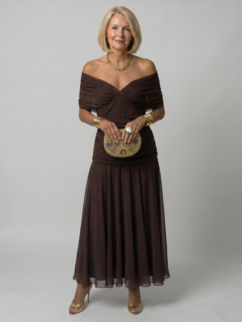 Robe Midi Femme à Épaules Dénudées avec Décolleté Drapé Lucyle
