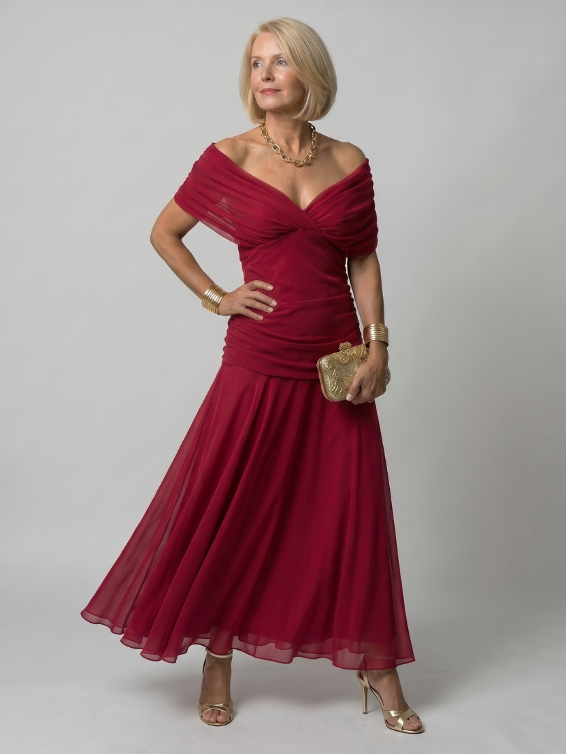 Robe Midi Femme à Épaules Dénudées avec Décolleté Drapé Lucyle