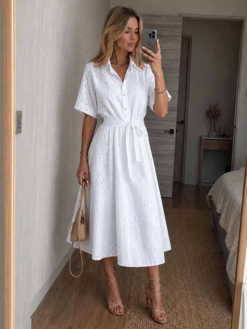 Robe Midi Femme à Manches Courtes avec Lien à la Taille Lucyle