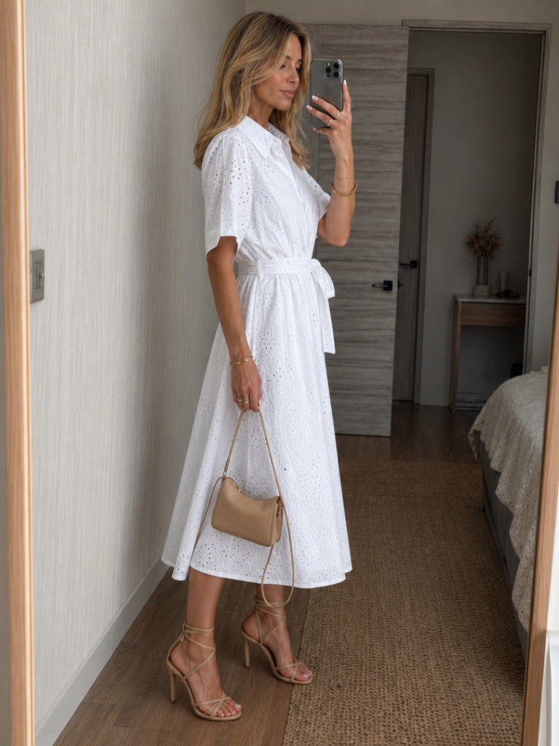 Robe Midi Femme à Manches Courtes avec Lien à la Taille Lucyle
