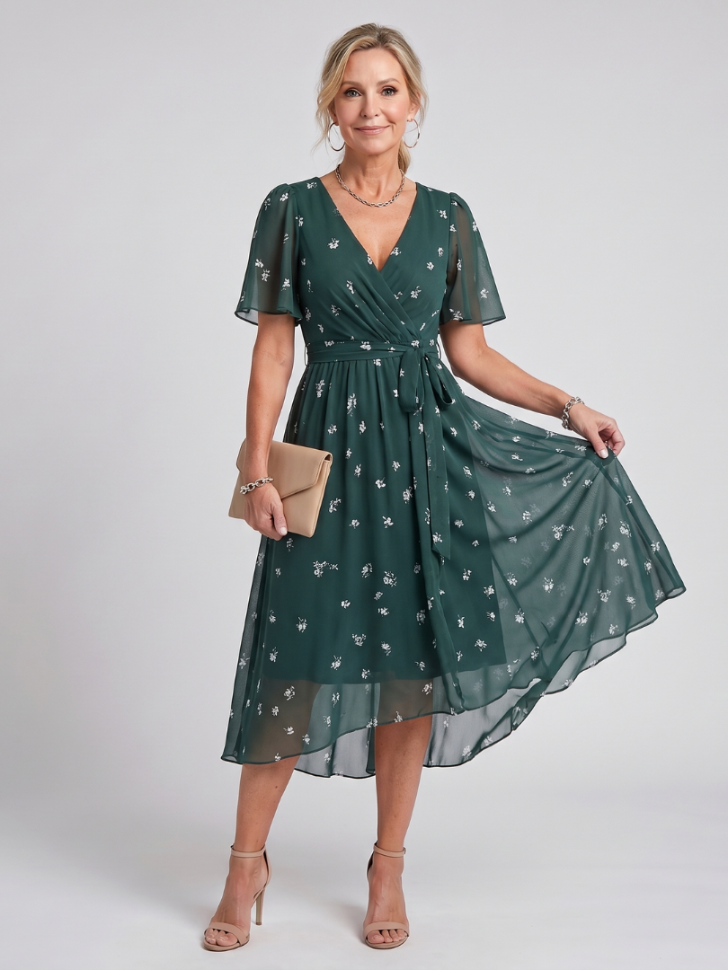 Robe Midi Femme à Manches Flottantes avec Col V Lucyle