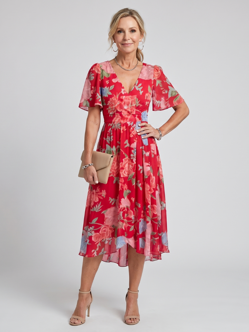 Robe Midi Femme à Manches Flottantes avec Col V Lucyle