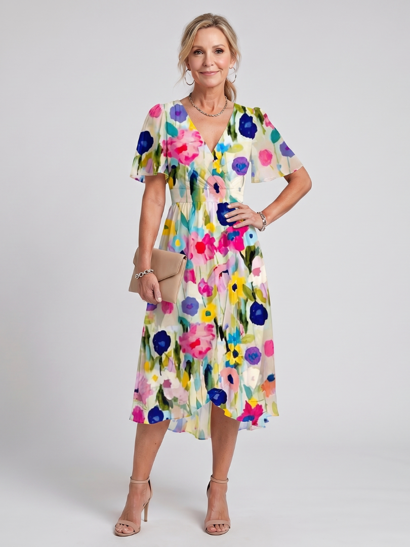 Robe Midi Femme à Manches Flottantes avec Col V Lucyle