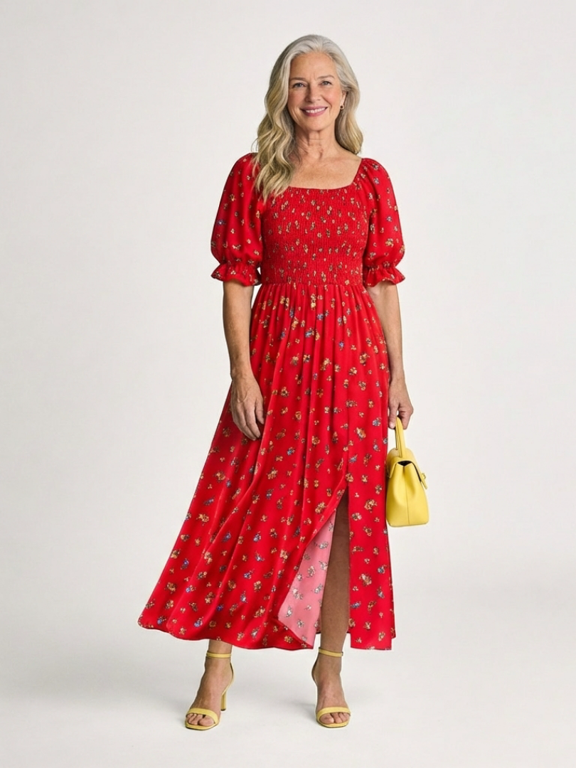 Robe Midi Femme avec Col Carré et Manches Bouffantes Lucyle