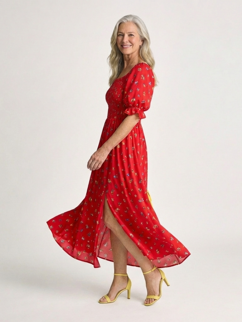 Robe Midi Femme avec Col Carré et Manches Bouffantes Lucyle