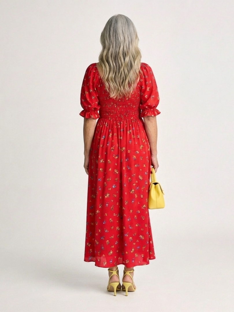 Robe Midi Femme avec Col Carré et Manches Bouffantes Lucyle
