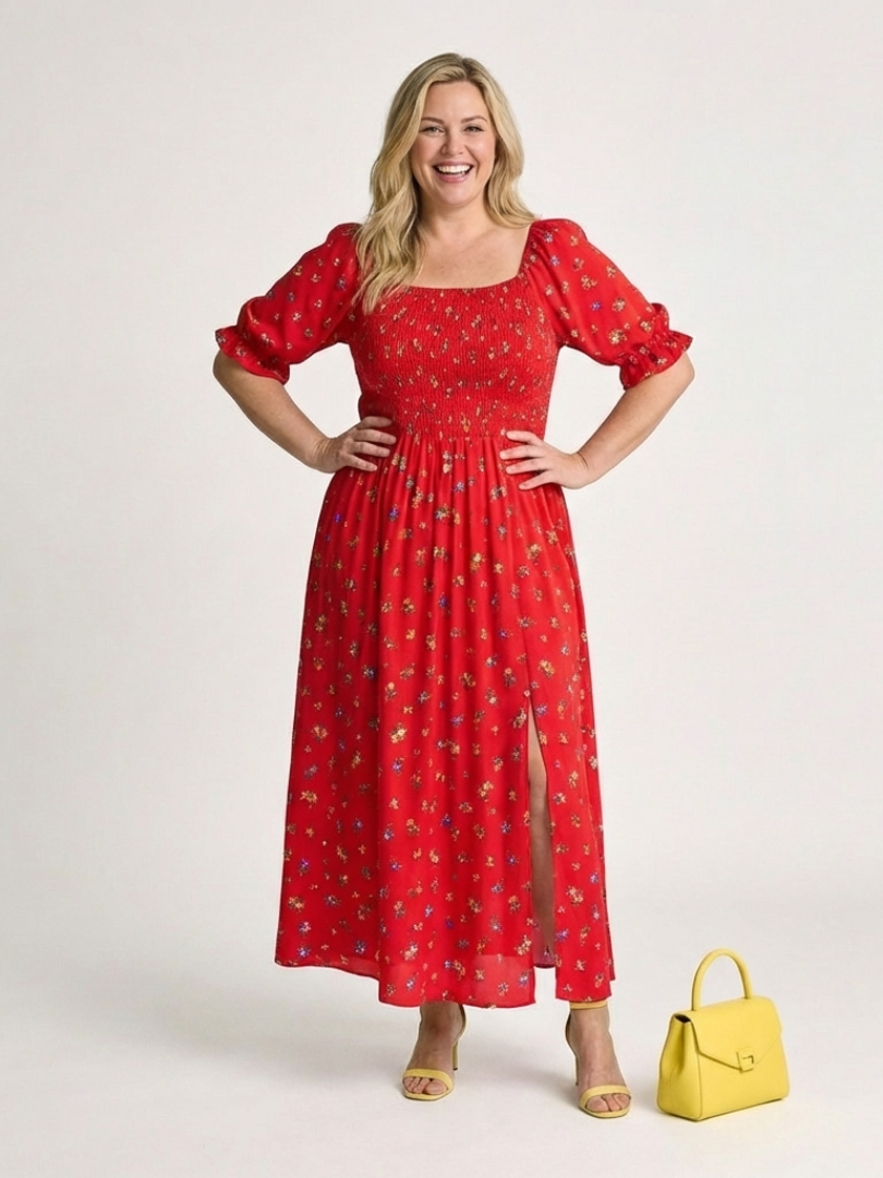 Robe Midi Femme avec Col Carré et Manches Bouffantes Lucyle