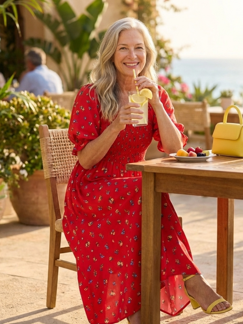 Robe Midi Femme avec Col Carré et Manches Bouffantes Lucyle