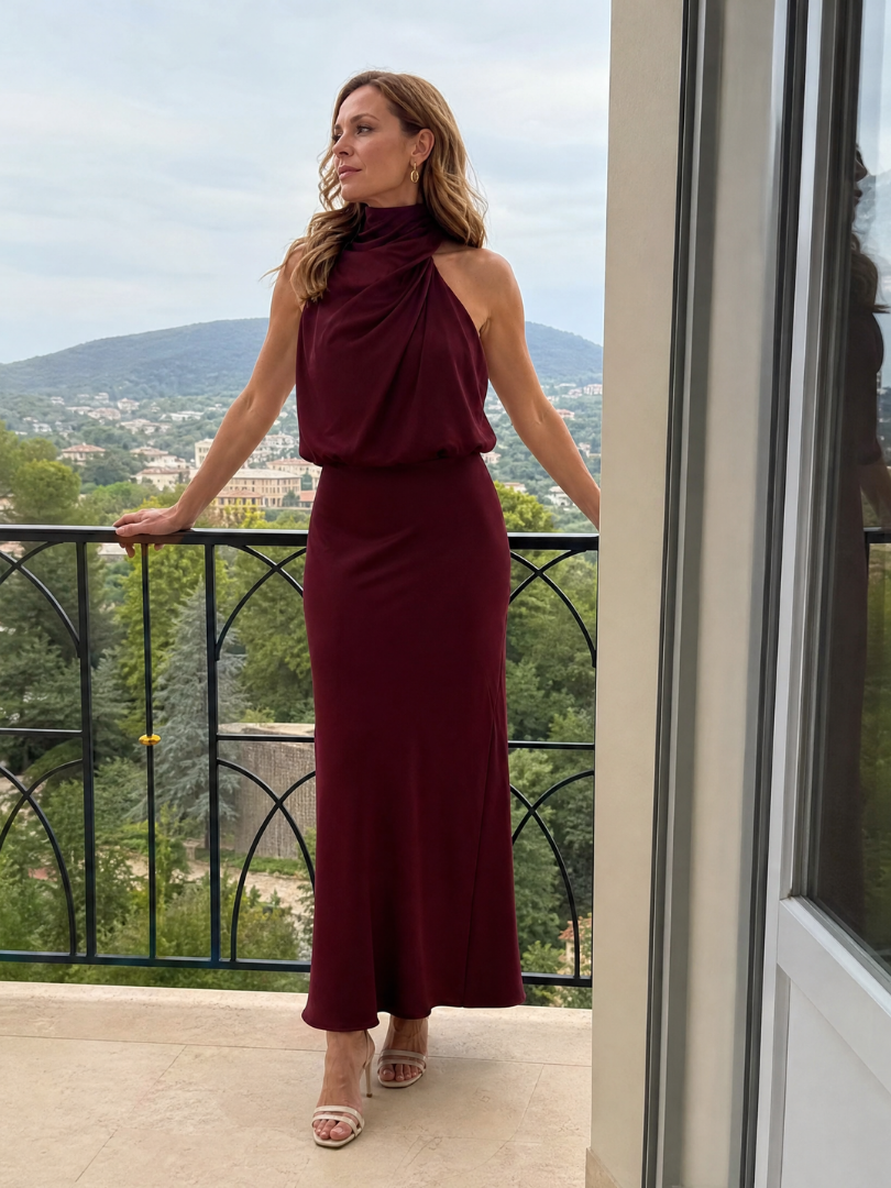 Robe Midi Femme avec Col Drapé Élégant Lucyle