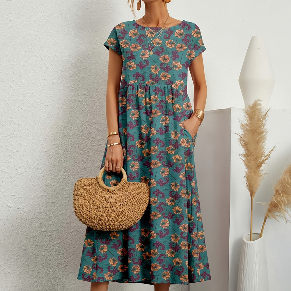 Robe Midi Femme avec Col Rond en Lin Lucyle