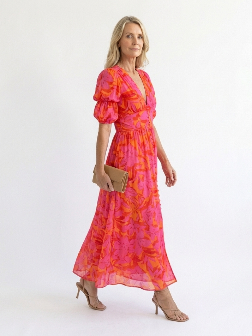 Robe Midi Femme avec Col en V et Manches Bouffantes Lucyle