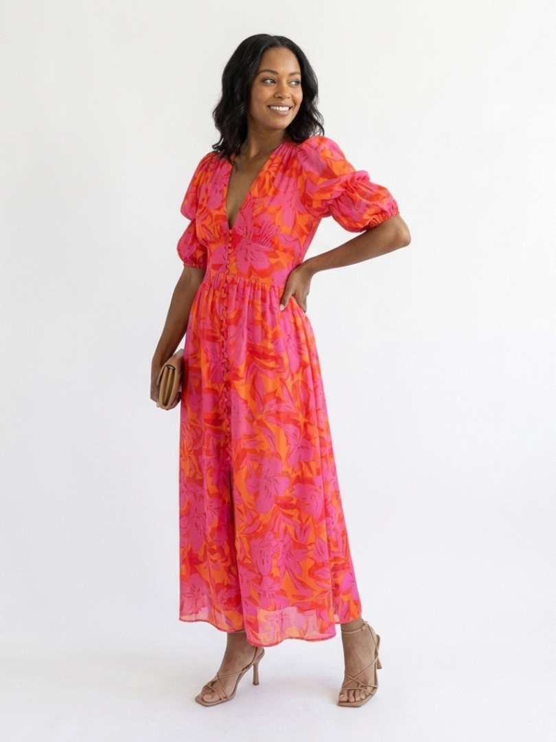 Robe Midi Femme avec Col en V et Manches Bouffantes Lucyle