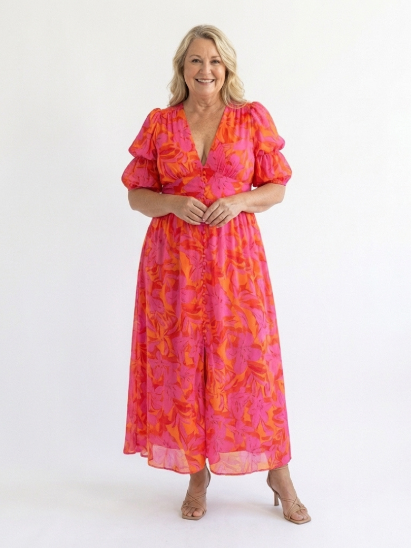 Robe Midi Femme avec Col en V et Manches Bouffantes Lucyle