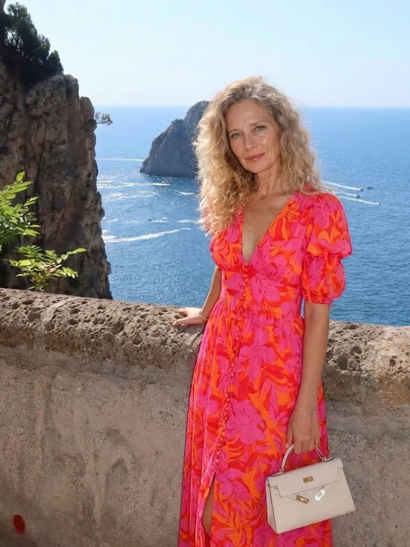 Robe Midi Femme avec Col en V et Manches Bouffantes Lucyle
