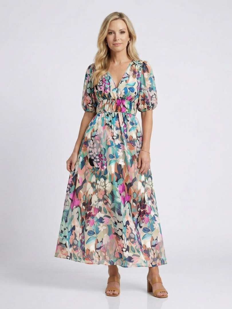 Robe Midi Femme avec Col en V et Taille Froncée Lucyle