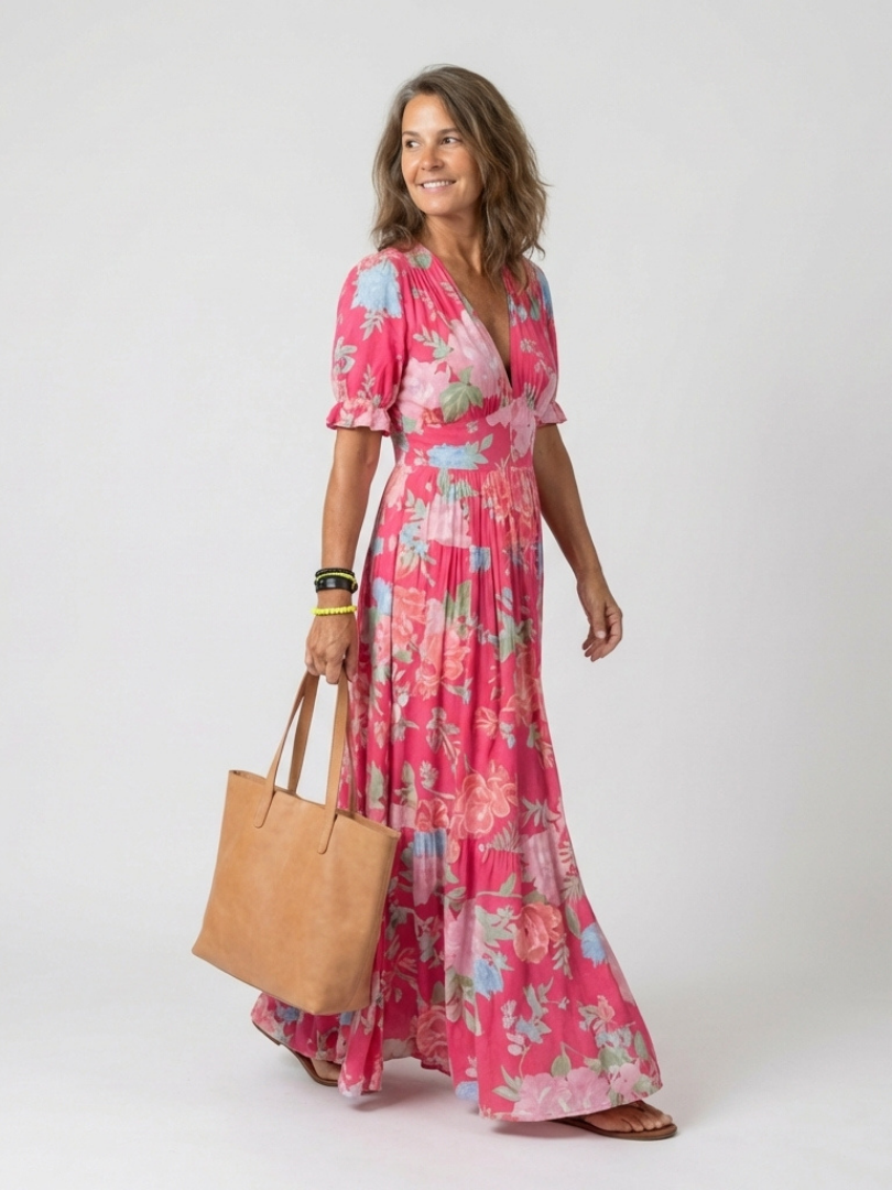 Robe Midi Femme avec Col en V et Taille Froncée Lucyle