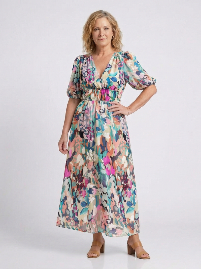 Robe Midi Femme avec Col en V et Taille Froncée Lucyle