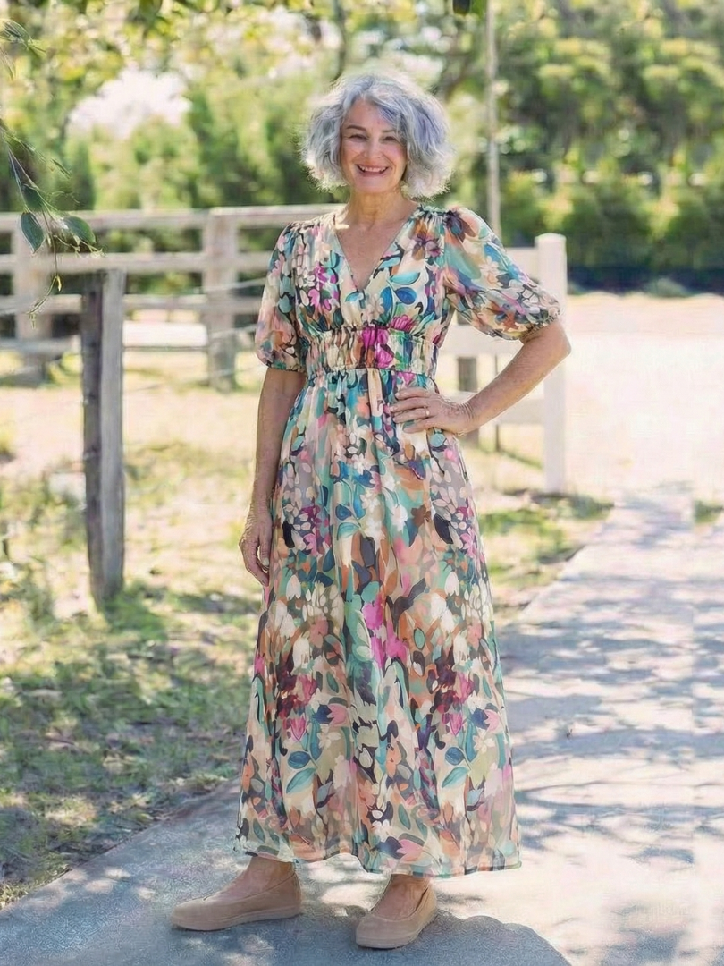 Robe Midi Femme avec Col en V et Taille Froncée Lucyle