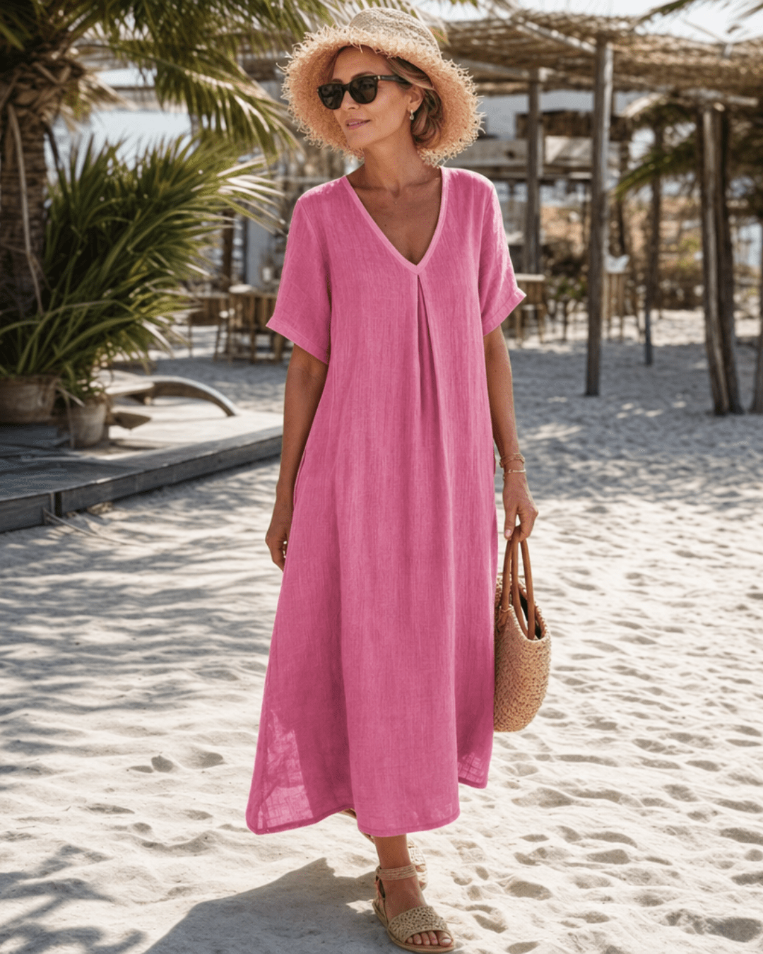 Robe Midi Femme avec Détail Plissé et Col en V Lucyle