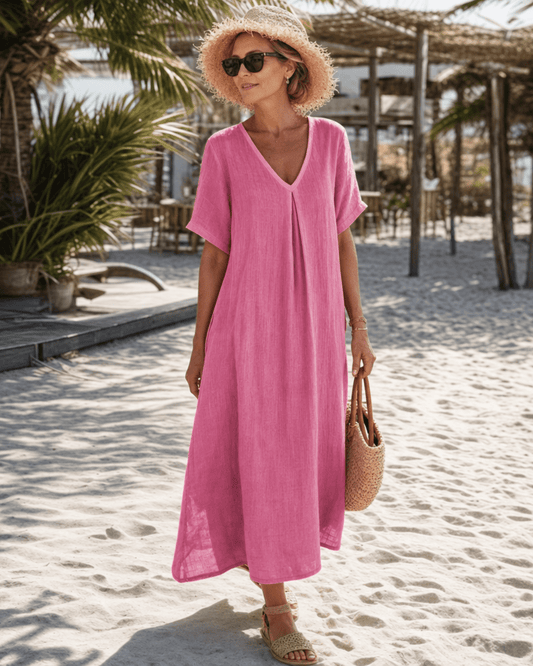 Robe Midi Femme avec Détail Plissé et Col en V Lucyle