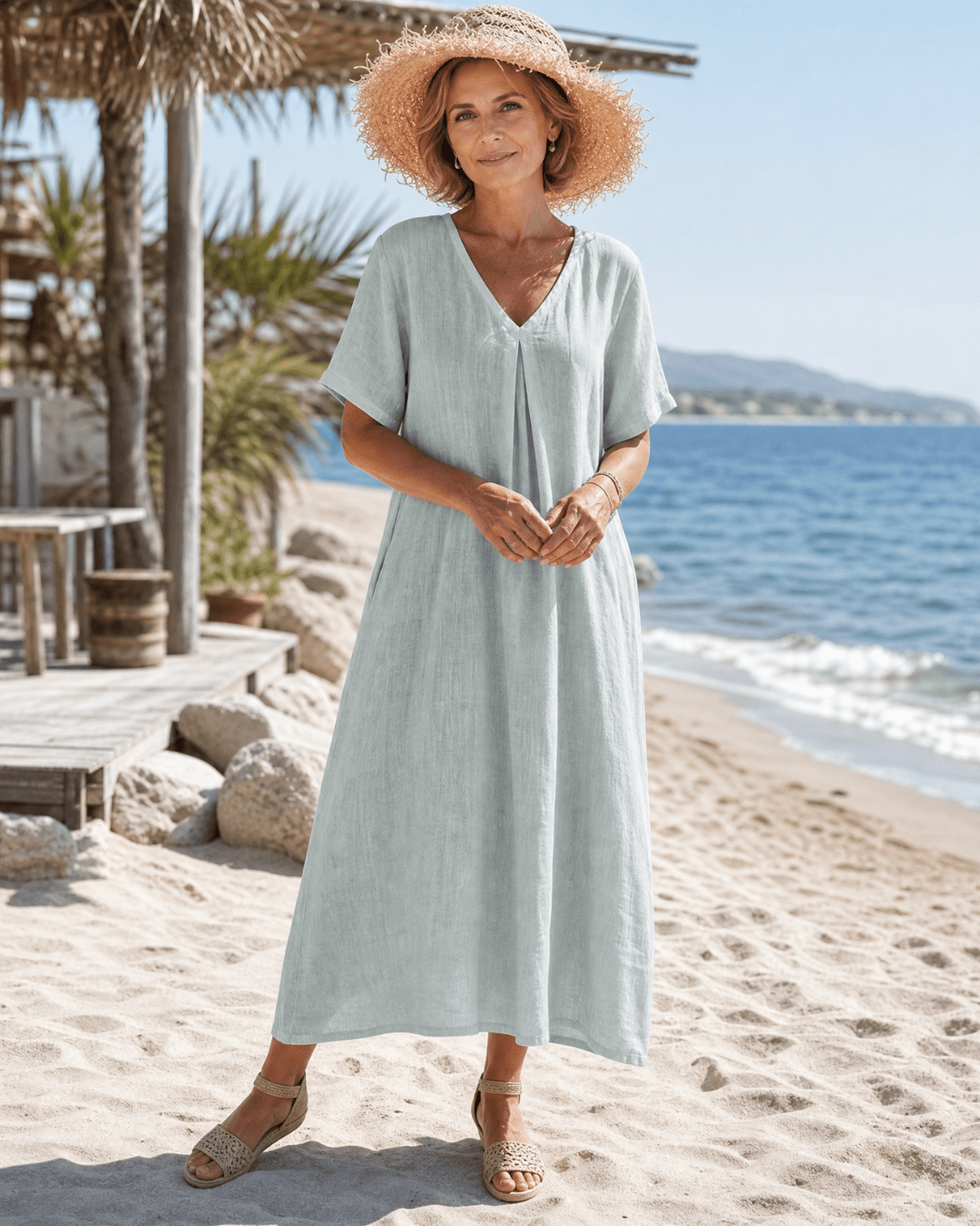 Robe Midi Femme avec Détail Plissé et Col en V Lucyle