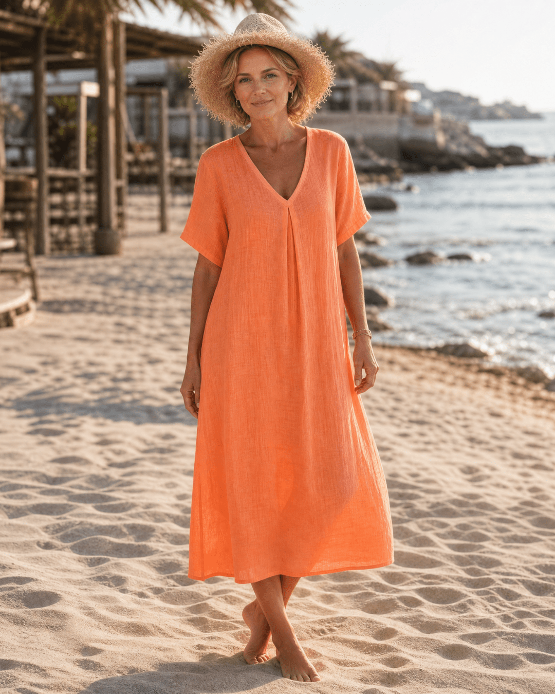 Robe Midi Femme avec Détail Plissé et Col en V Lucyle