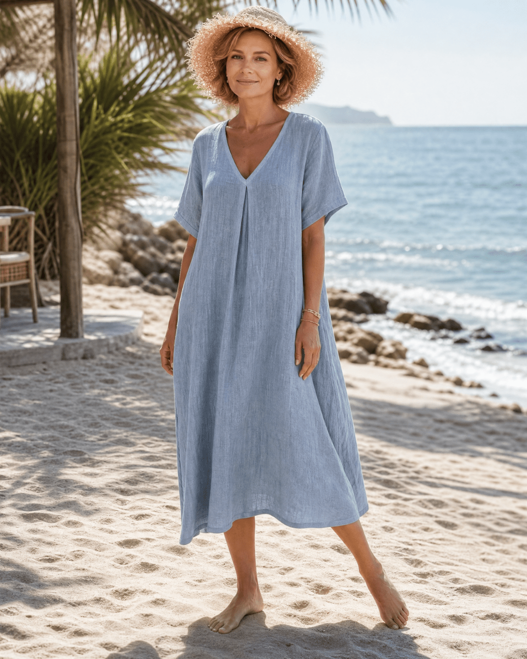 Robe Midi Femme avec Détail Plissé et Col en V Lucyle