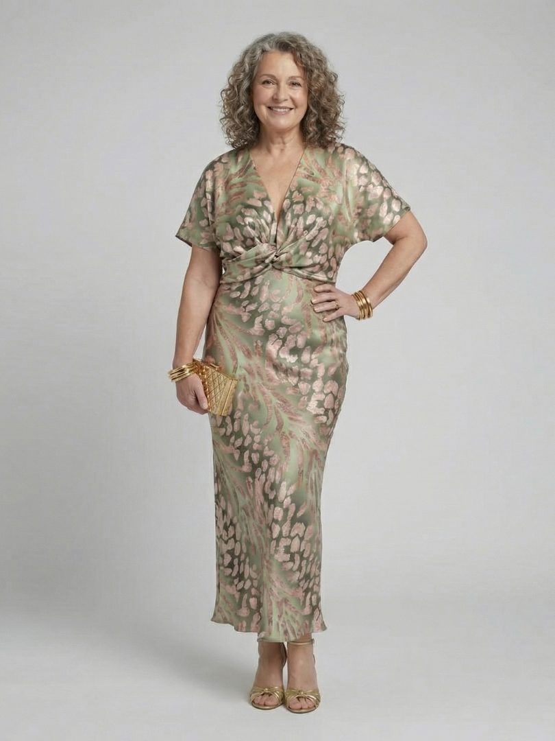 Robe Midi Femme avec Détail Torsadé et Col en V Lucyle
