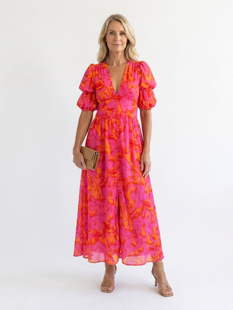 Robe Midi Femme avec Manches Bouffantes Chic Lucyle