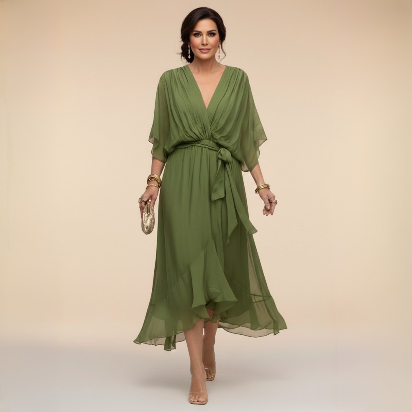 Robe de Soirée Femme avec Col en V en Mousseline Lucyle