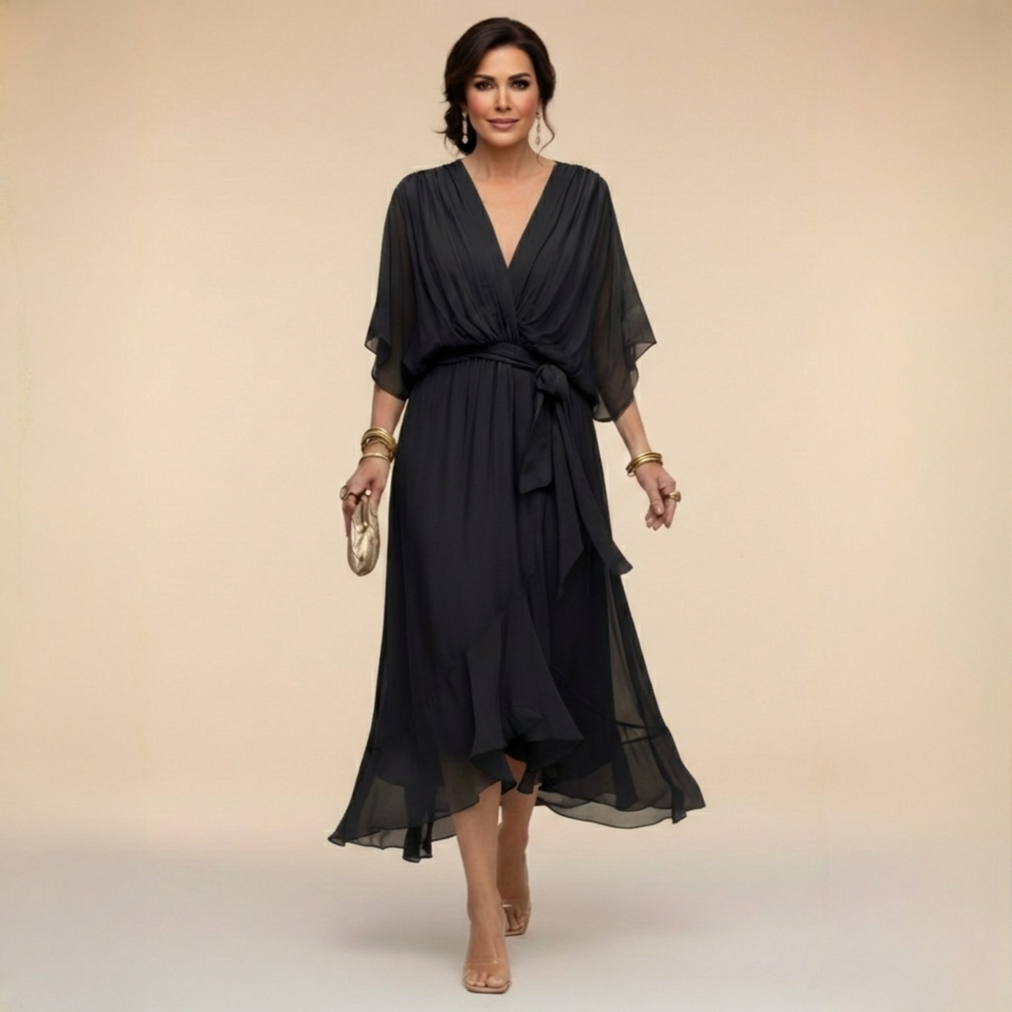 Robe de Soirée Femme avec Col en V en Mousseline Lucyle
