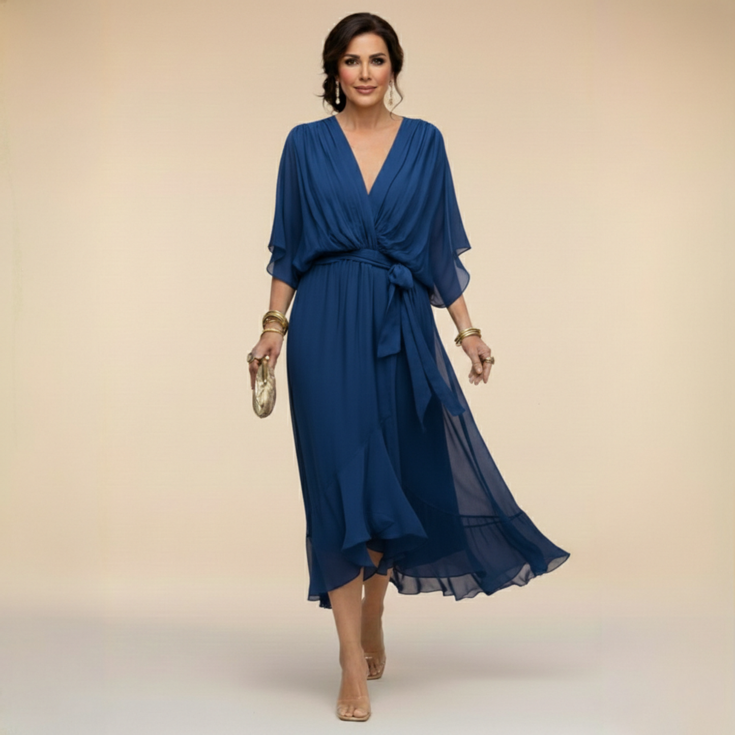 Robe de Soirée Femme avec Col en V en Mousseline Lucyle