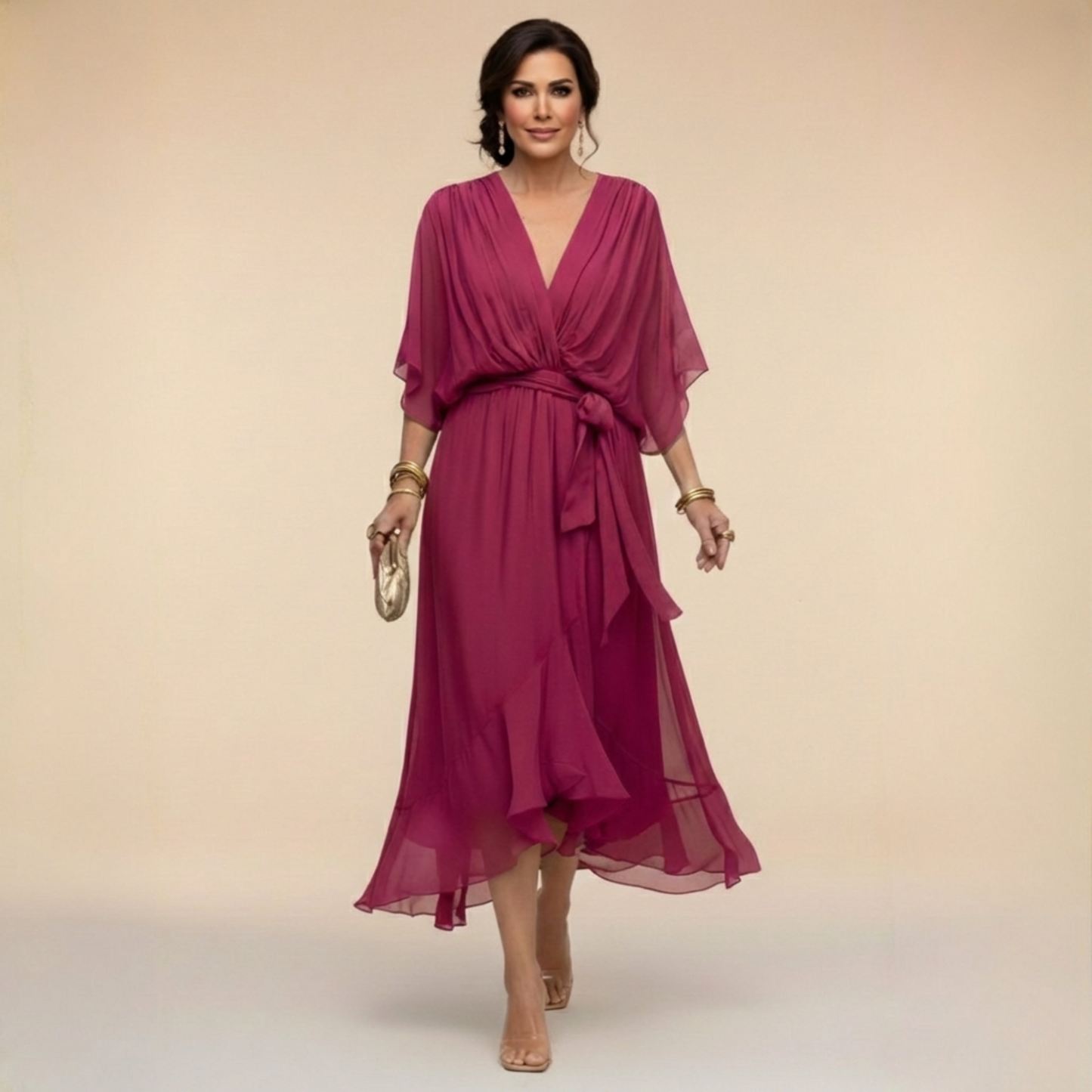 Robe de Soirée Femme avec Col en V en Mousseline Lucyle