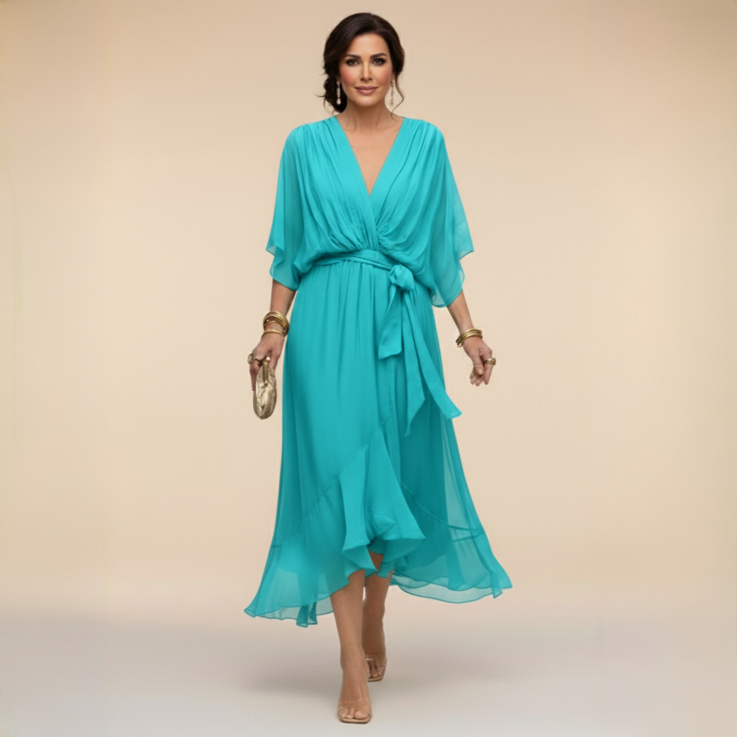 Robe de Soirée Femme avec Col en V en Mousseline Lucyle