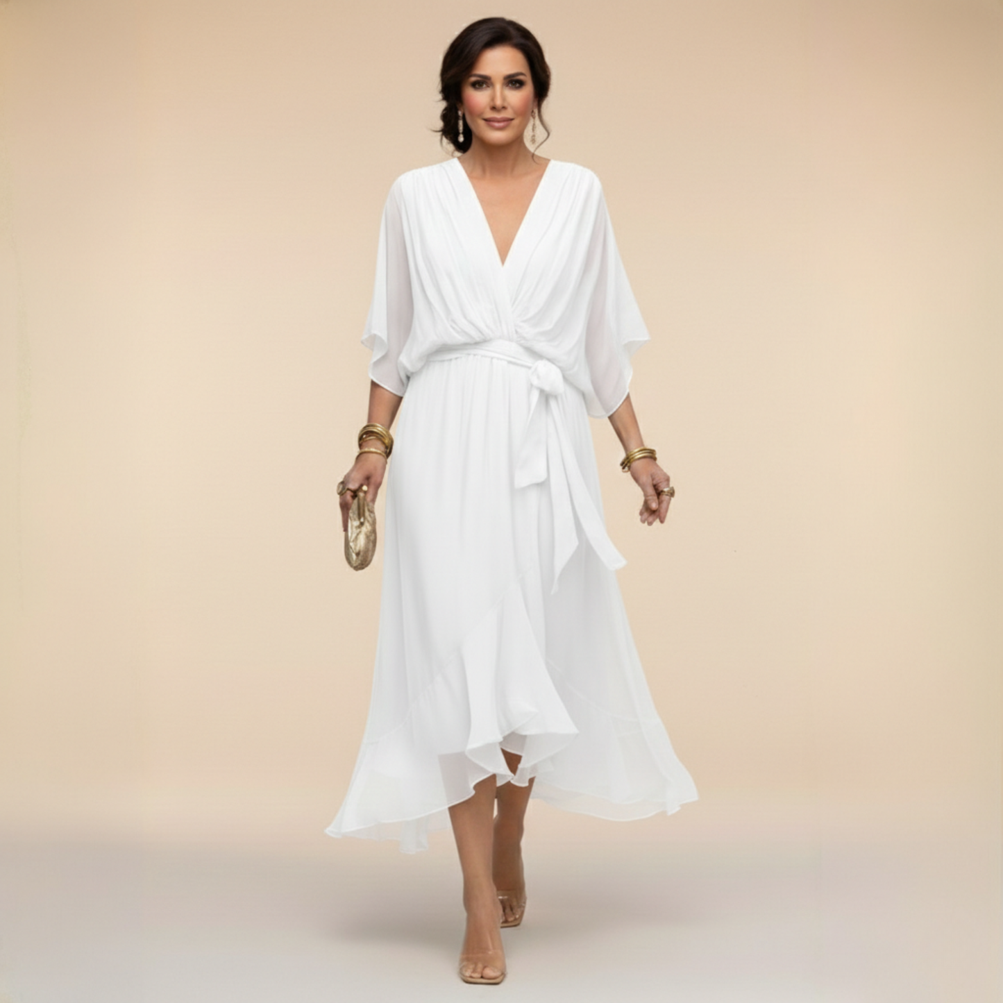 Robe de Soirée Femme avec Col en V en Mousseline Lucyle