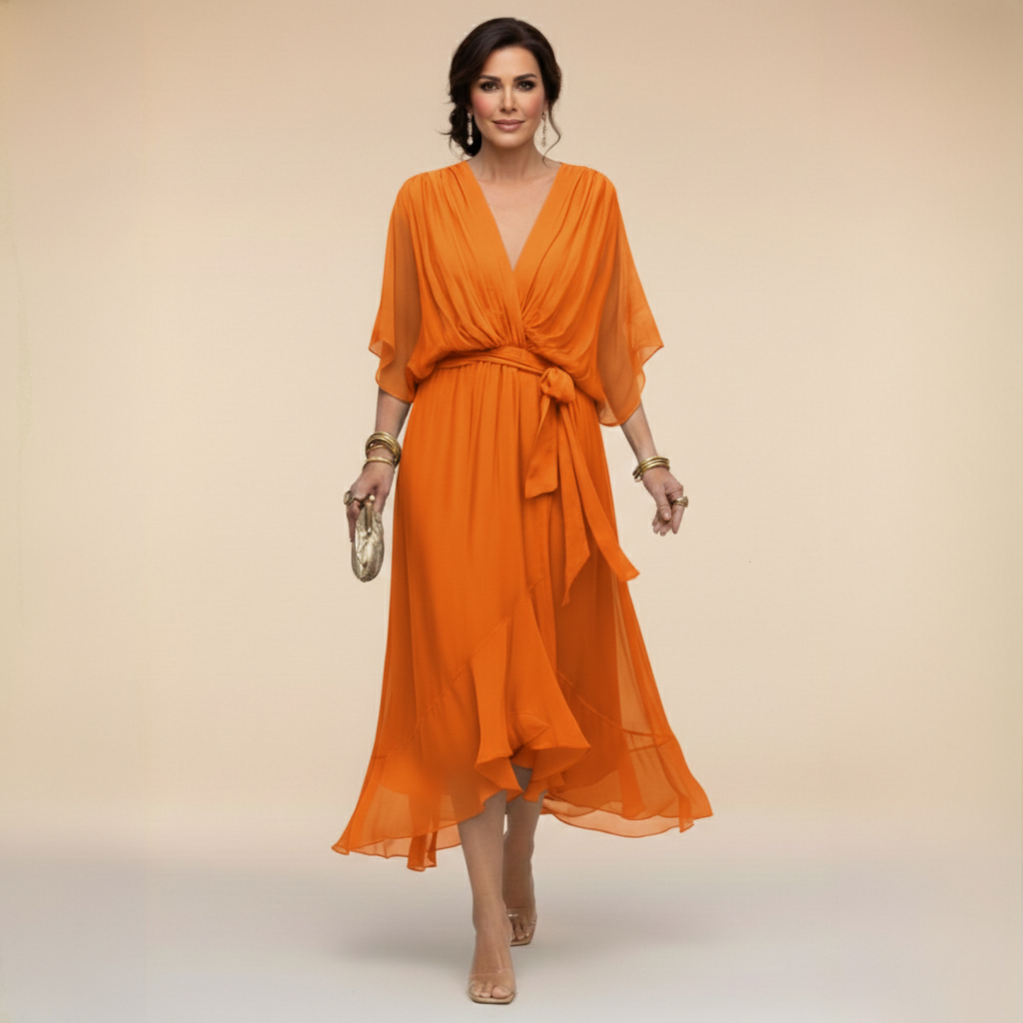 Robe de Soirée Femme avec Col en V en Mousseline Lucyle