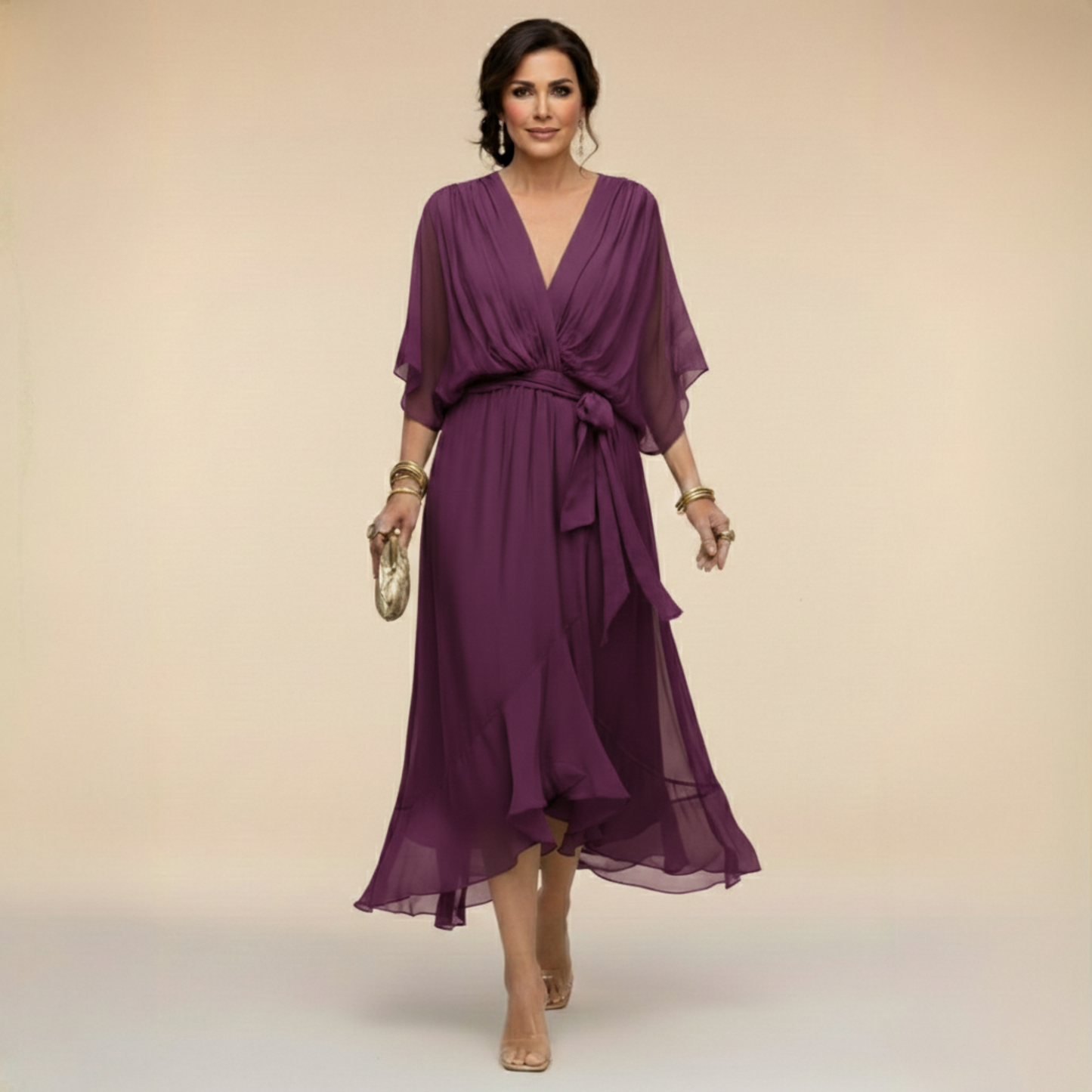 Robe de Soirée Femme avec Col en V en Mousseline Lucyle