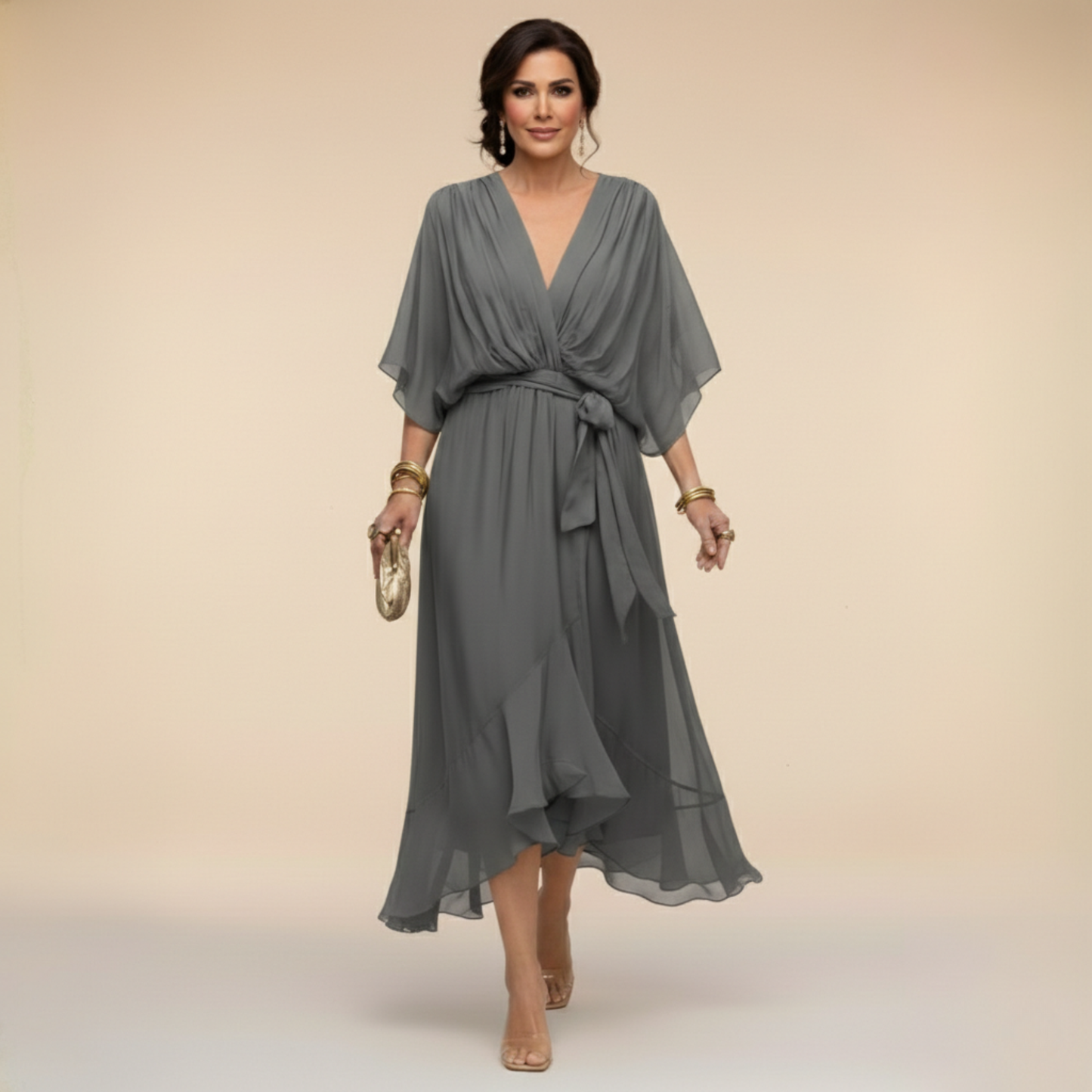 Robe de Soirée Femme avec Col en V en Mousseline Lucyle