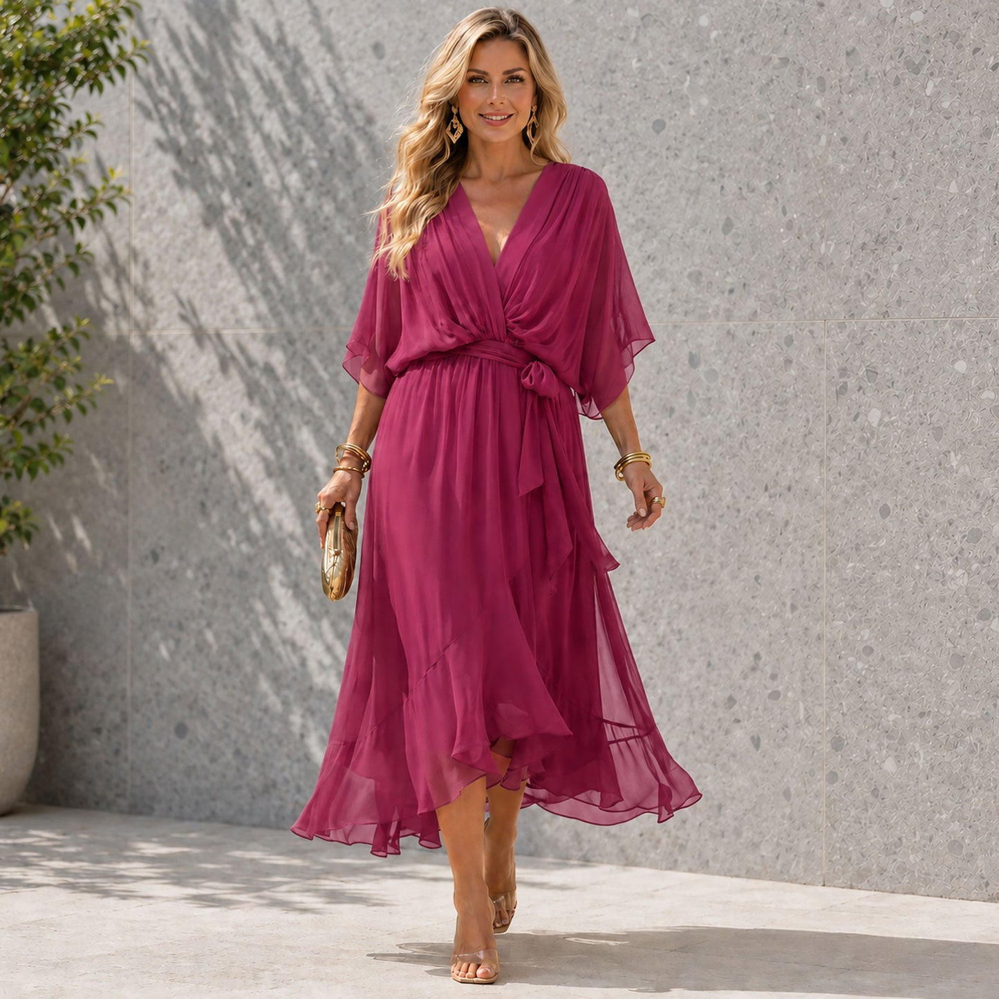 Robe de soirée Femme avec Col en V en Mousseline Lucyle