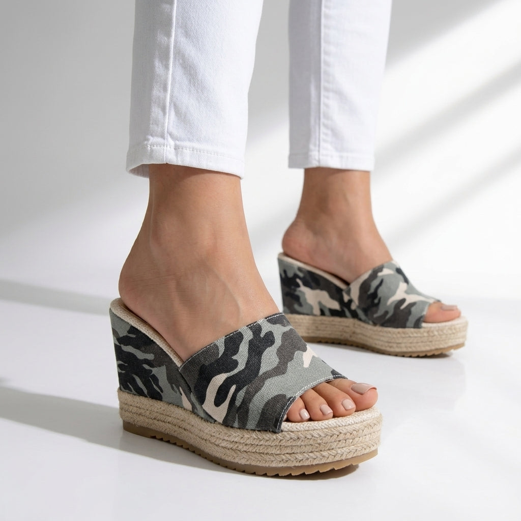 Sandales Compensées Femme avec Tige en Toile Camouflage Lucyle