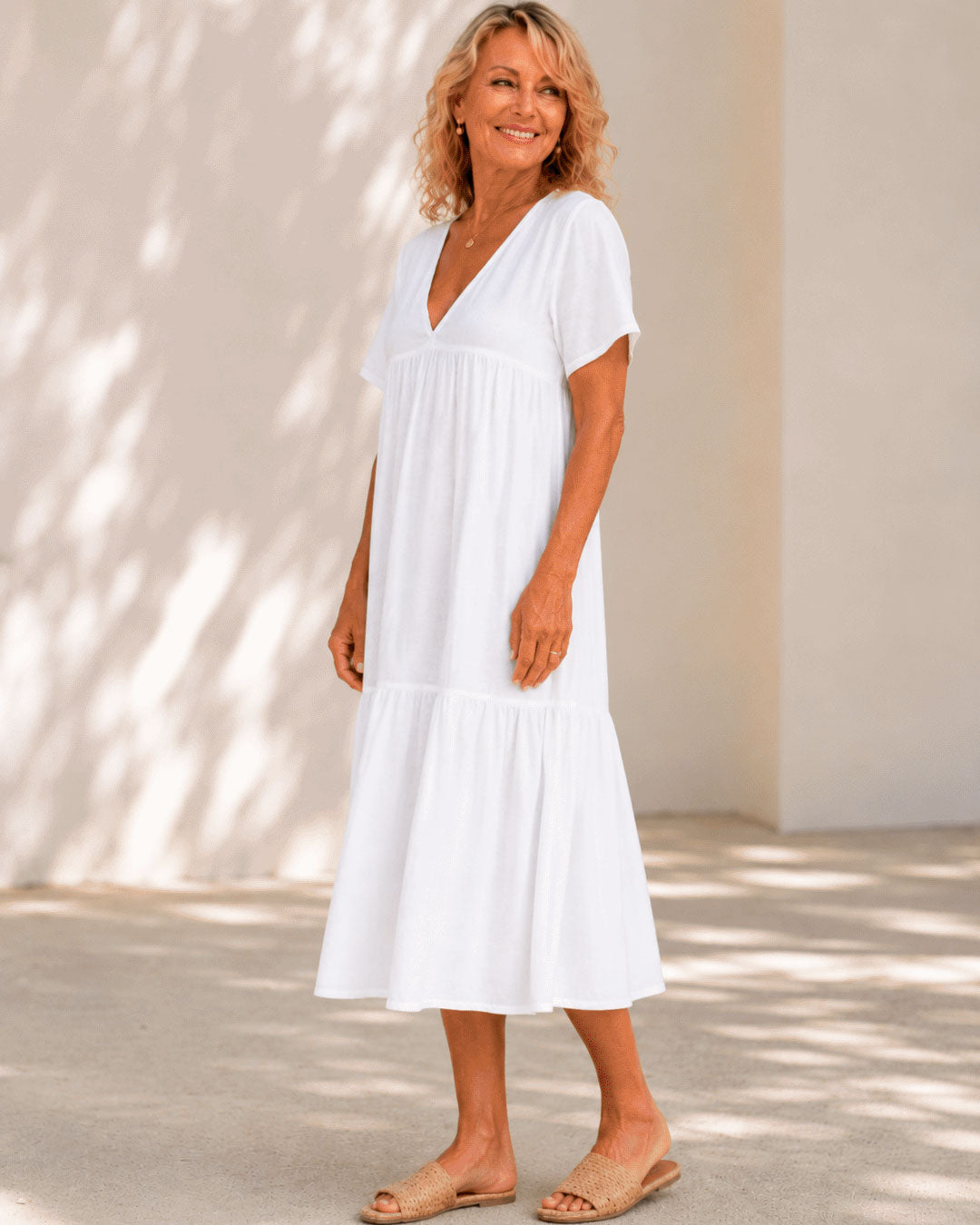 Robe Midi Femme avec Col en V et Manches Courtes Lucyle