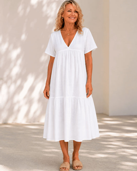 Robe Midi Femme avec Col en V et Manches Courtes Lucyle